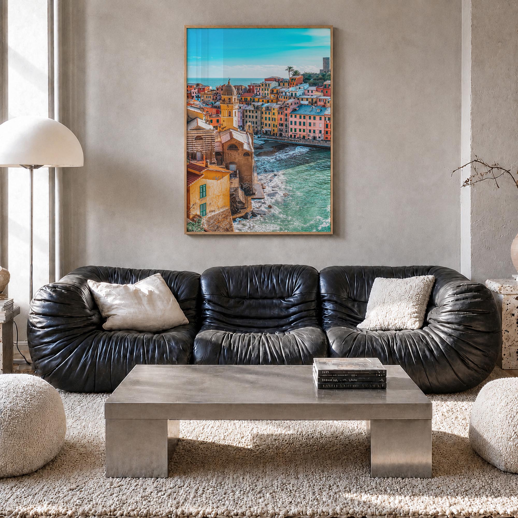 Cinque Terre no. 3 colorful photo poster of Italy – vertical wall art in natural wood frame, hanging on wall