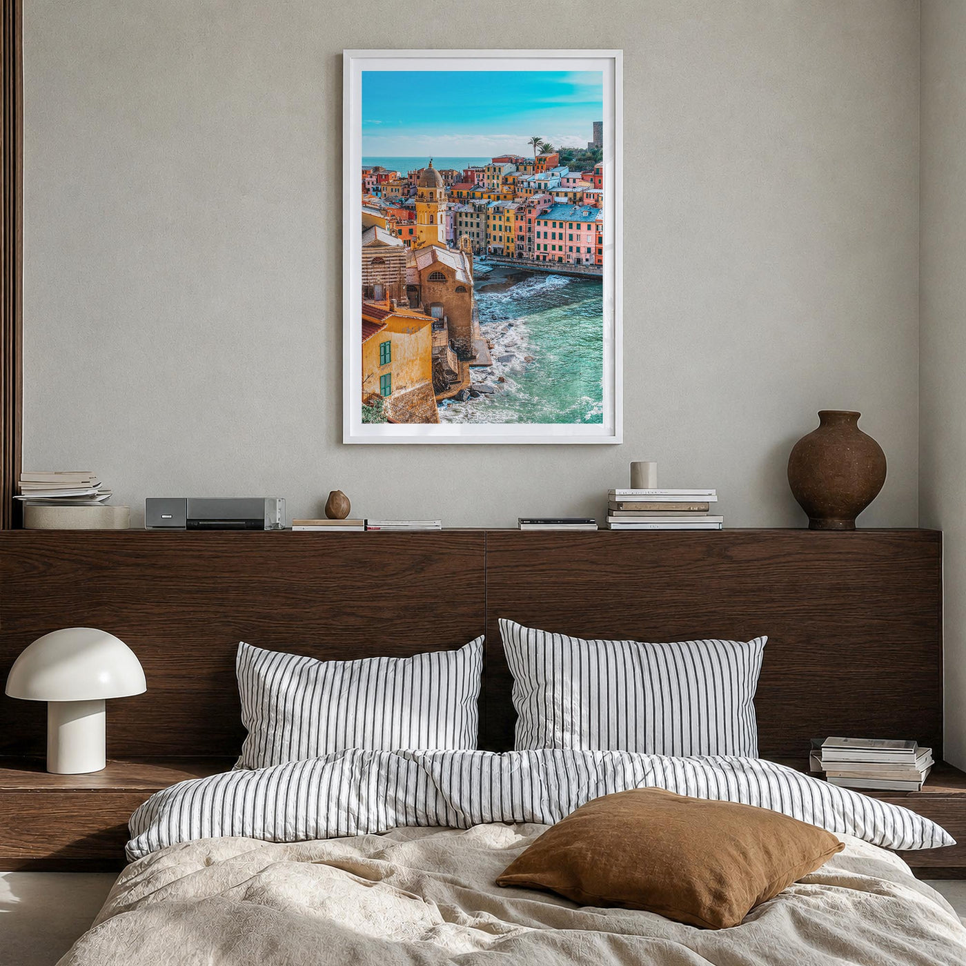 Cinque Terre no. 3 colorful photo poster of Italy – vertical wall art in white wood frame with white border, hanging on wall