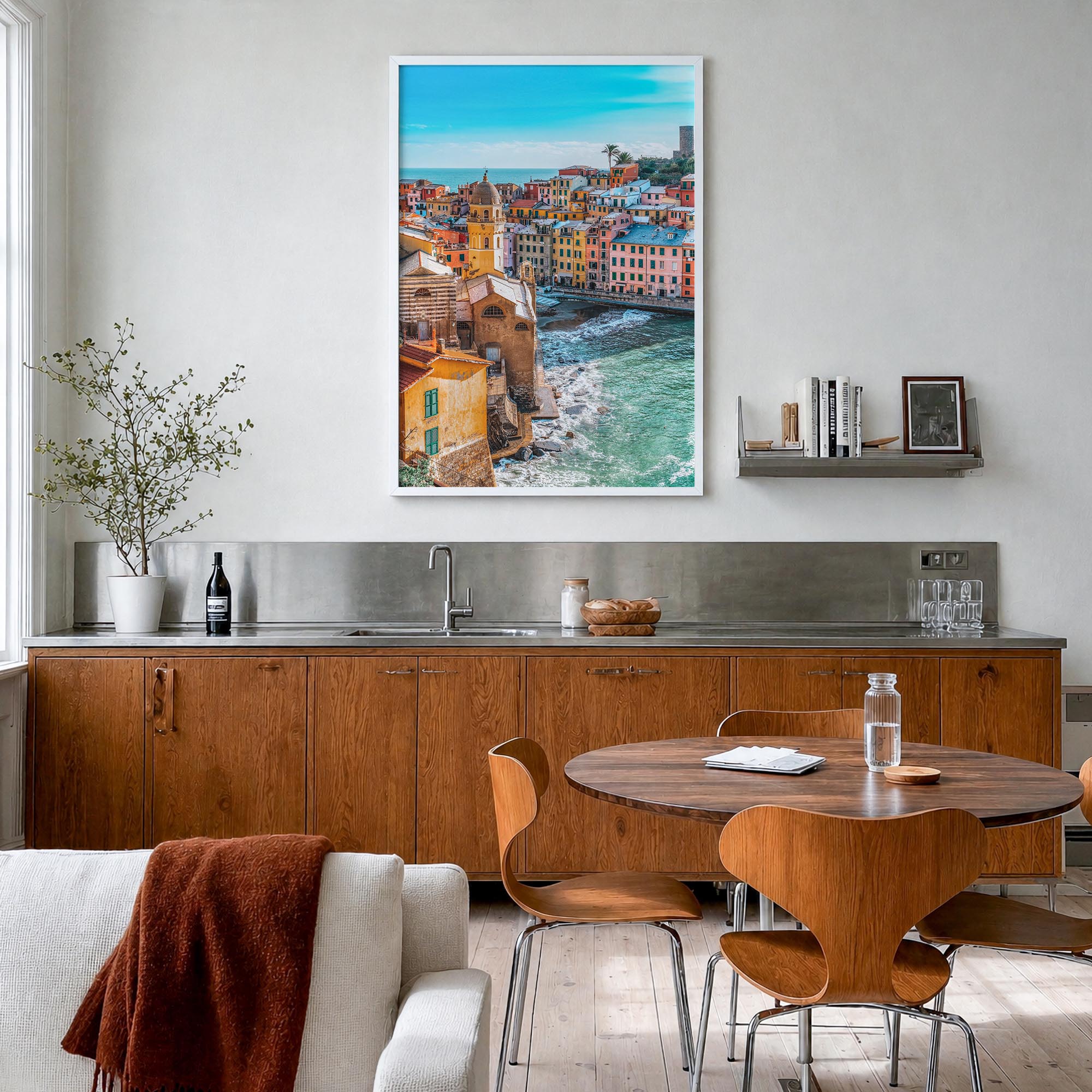 Cinque Terre no. 3 colorful photo poster of Italy – vertical wall art in white wood frame, hanging on wall