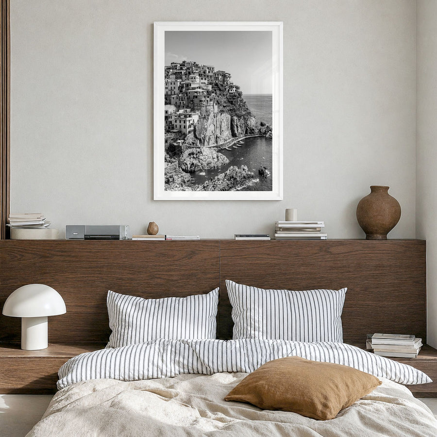 Cinque Terre Photo No 1 Poster in a white wood frame, hanging in a bedroom, white border