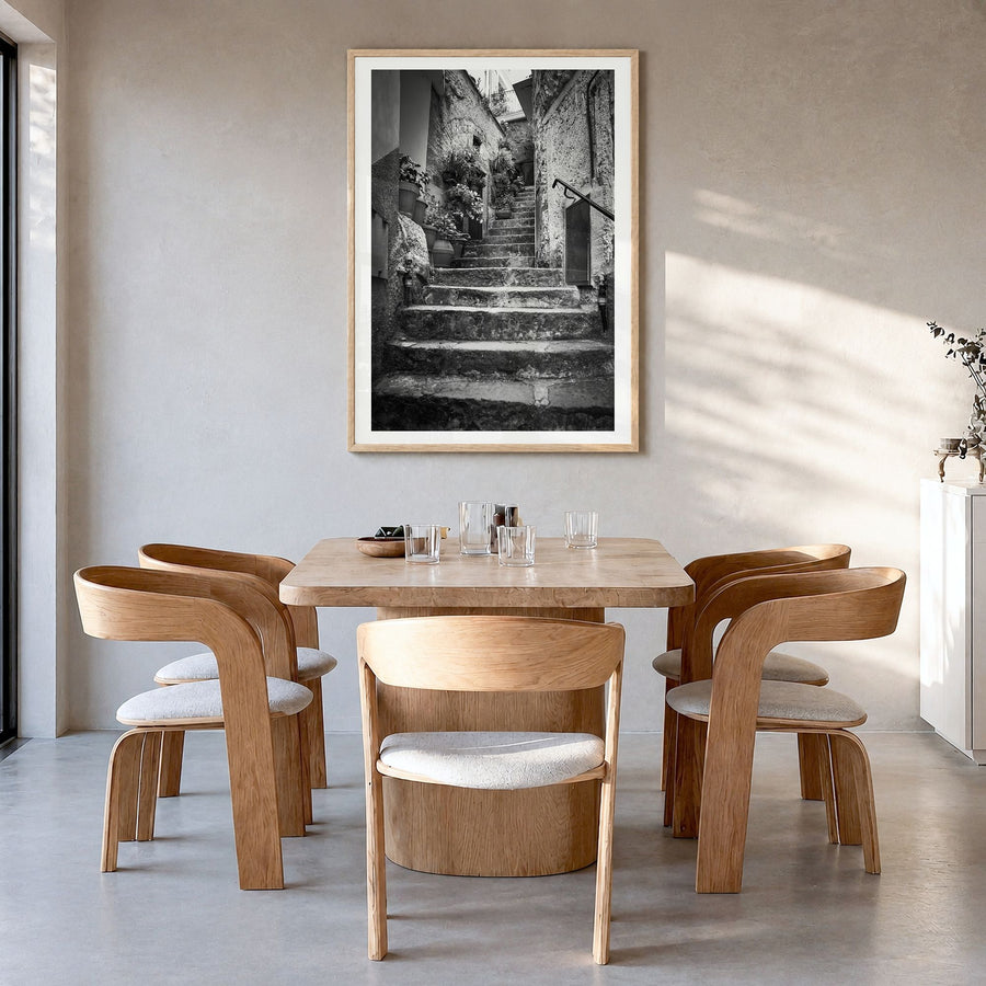 Cinque Terre Photo No 3 Poster in a natural wood frame, hanging in a dining room, white border