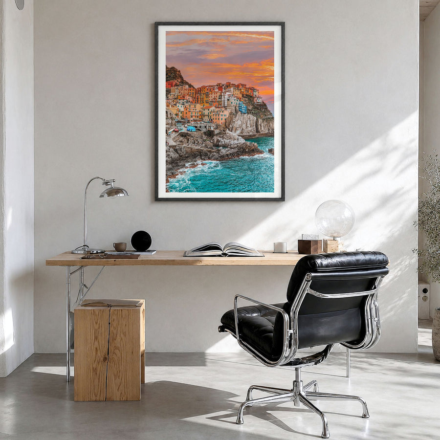 Cinque Terre Photo No 1 Poster in a black wood frame, hanging in a bright home office, white border