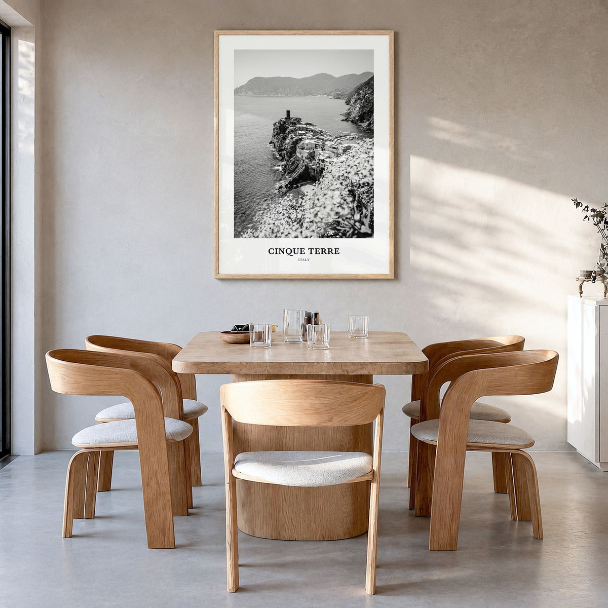 Cinque Terre Classic No 1 Poster in a natural wood frame, hanging in a dining room