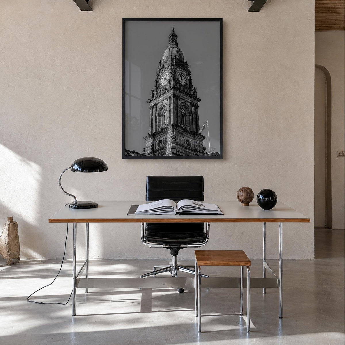 City Clock Pillar no. 1 black & white photo poster – vertical wall art in black wood frame, hanging on wall