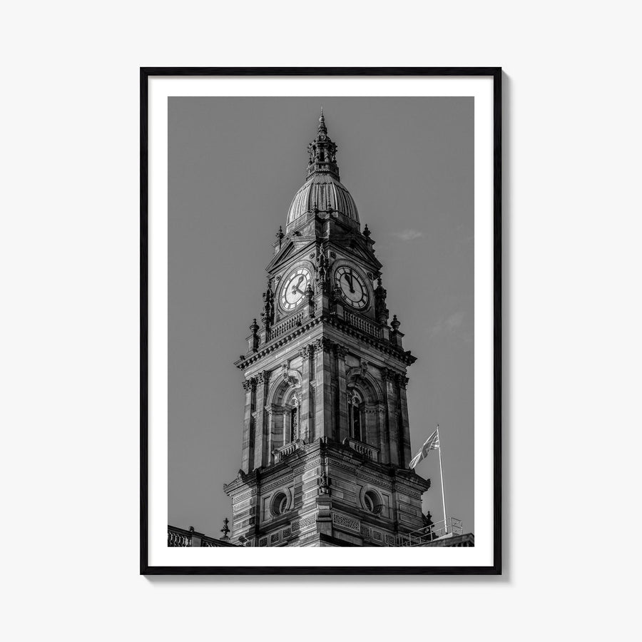 City Clock Pillar no. 1 black & white photo poster – vertical wall art, unframed print shown in interior mockup