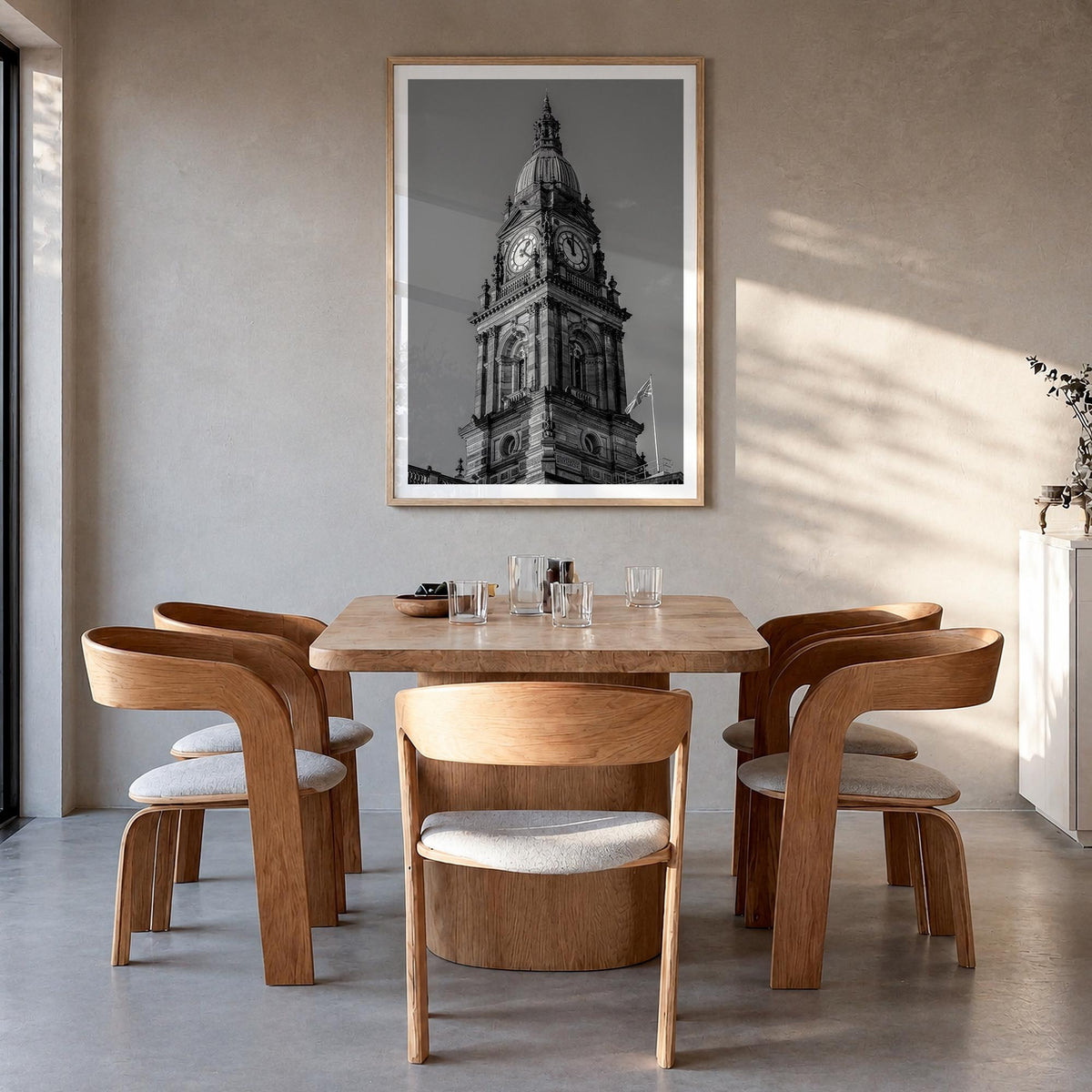 City Clock Pillar no. 1 black & white photo poster – vertical wall art in natural wood frame with white border, hanging on wa