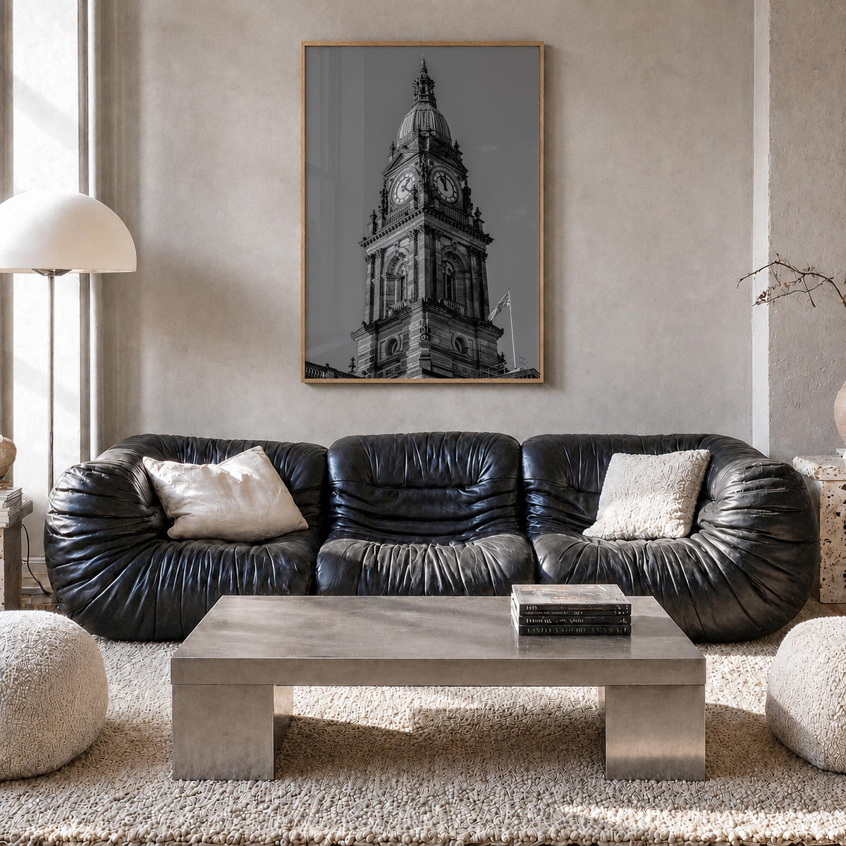 City Clock Pillar no. 1 black & white photo poster – vertical wall art in natural wood frame, hanging on wall