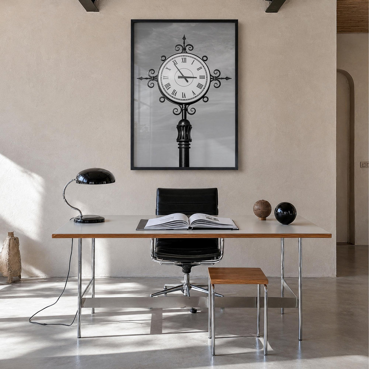 City Clock Pillar no. 2 black & white photo poster – vertical wall art in black wood frame, hanging on wall