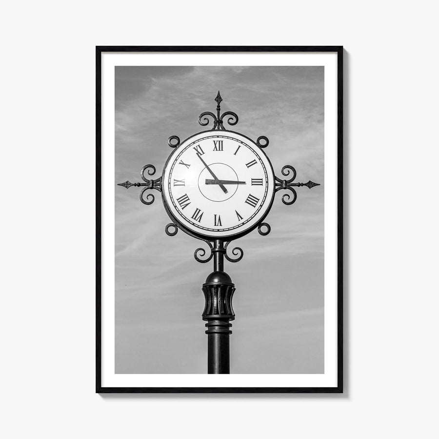 City Clock Pillar no. 2 black & white photo poster – vertical wall art, unframed print shown in interior mockup