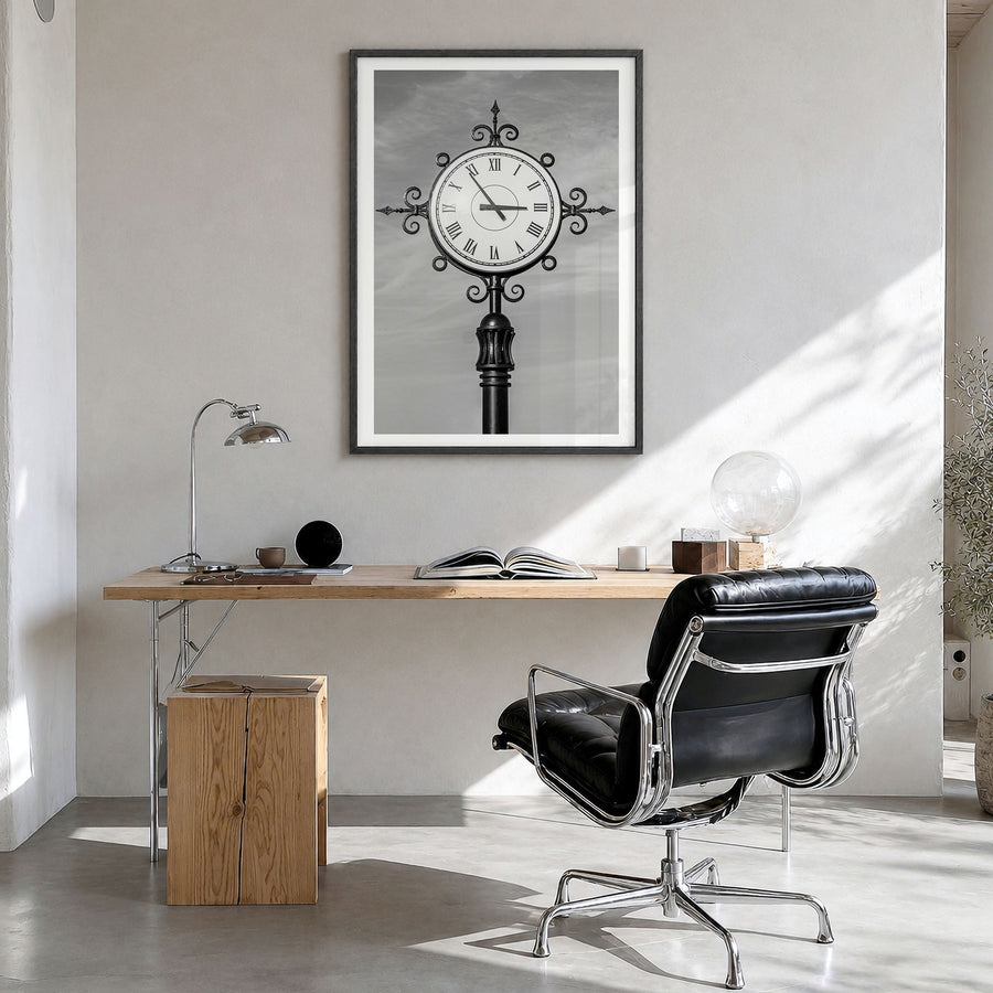 City Clock Pillar Photo No 2 Poster in a black wood frame, hanging in a bright home office, white border