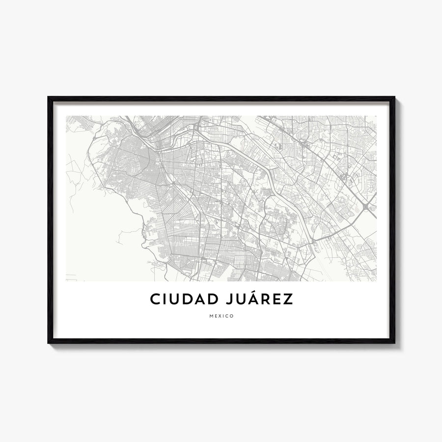 Ciudad Juárez black & white map poster of Mexico – horizontal wall art, unframed print shown in interior mockup