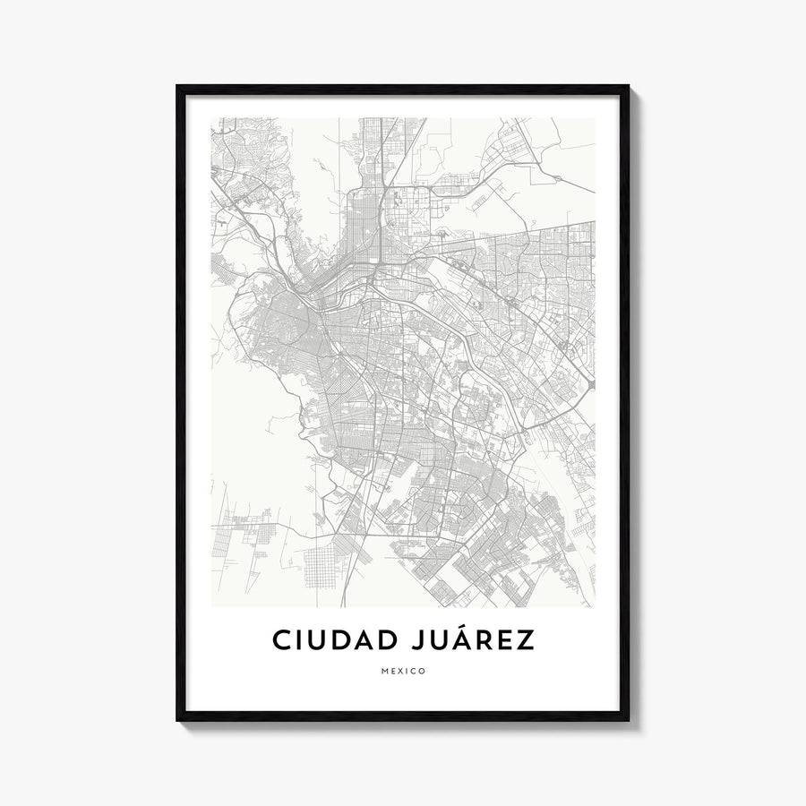 Ciudad Juárez black & white map poster of Mexico – vertical wall art, unframed print shown in interior mockup