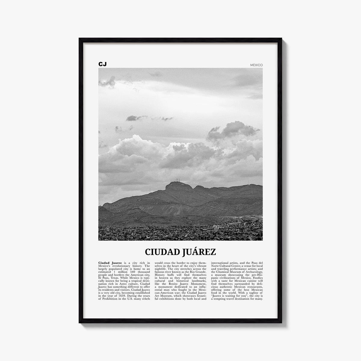 Ciudad Juárez black & white newspaper poster of Mexico – vertical wall art, unframed print shown in interior mockup