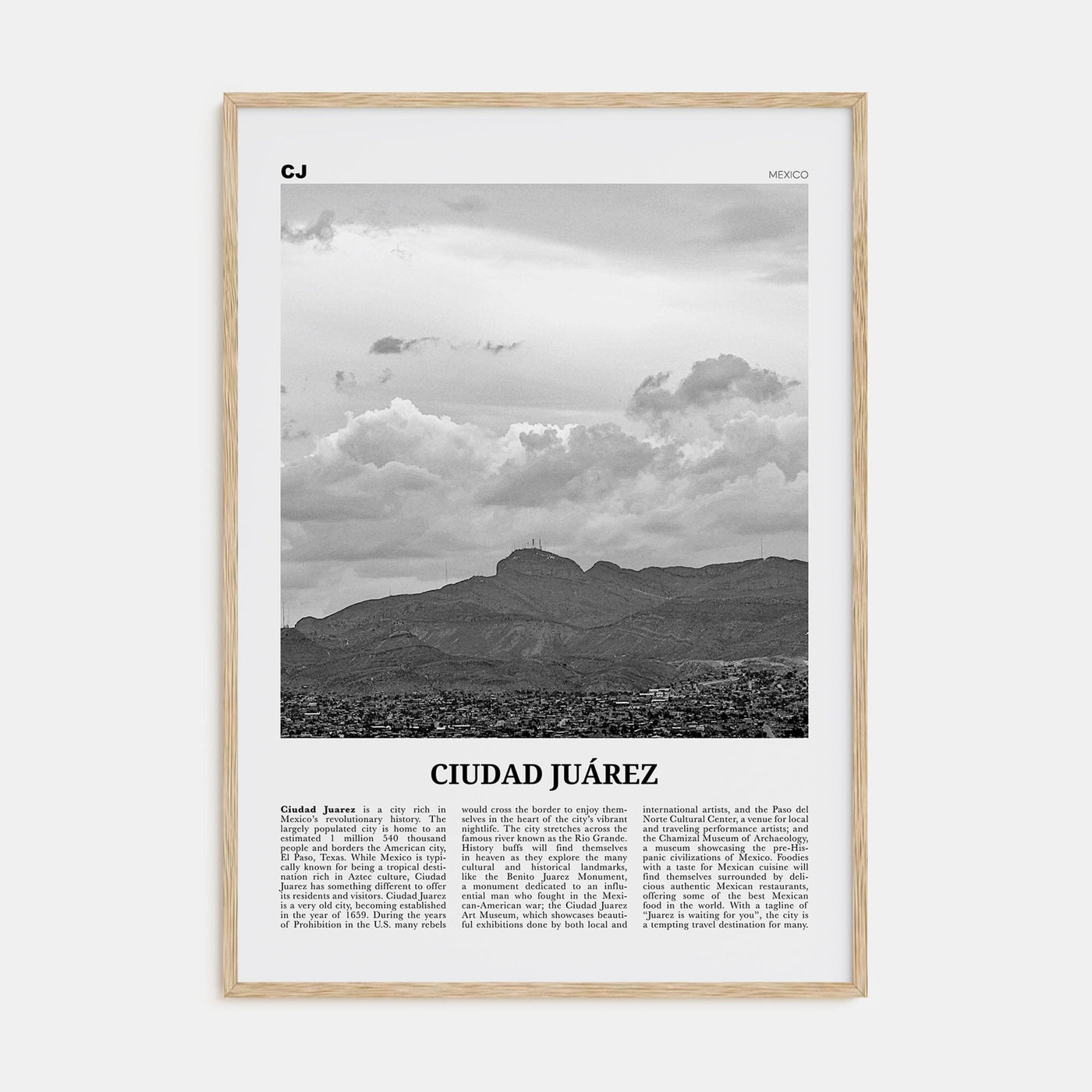 Ciudad Juárez Poster Natural Wood / 8x12 in Nbourhood Travel B&W Poster