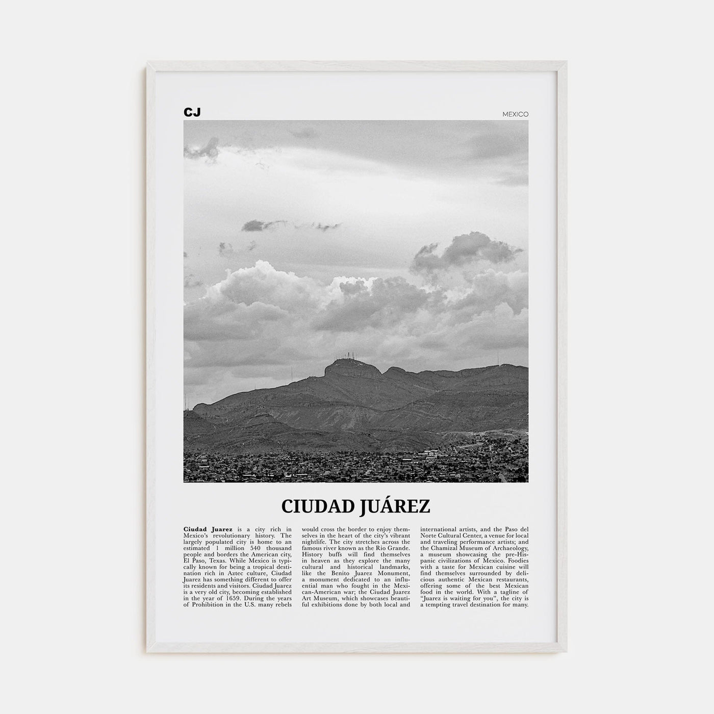 Ciudad Juárez Poster White Wood / 8x12 in Nbourhood Travel B&W Poster