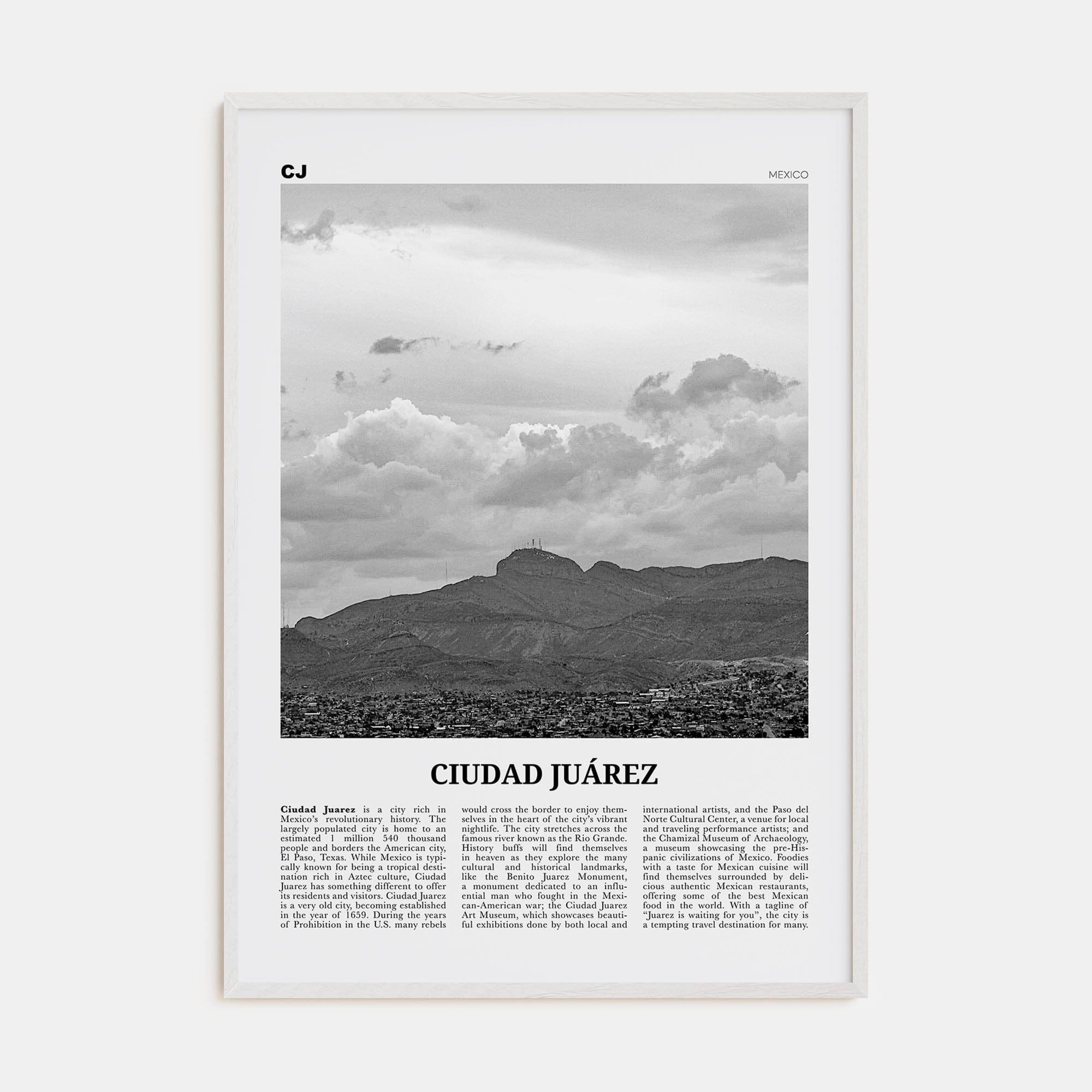 Ciudad Juárez Poster White Wood / 8x12 in Nbourhood Travel B&W Poster