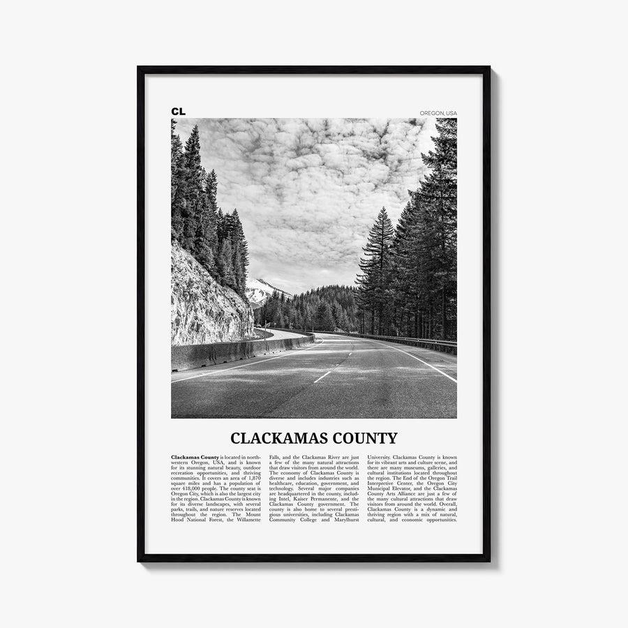 Clackamas County black & white newspaper poster of Oregon, USA – vertical wall art, unframed print shown in interior mockup