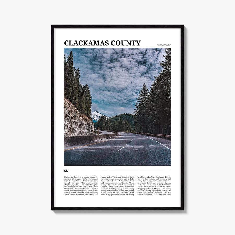 Clackamas County colorful travel poster of Oregon, USA – vertical wall art, unframed print shown in interior mockup