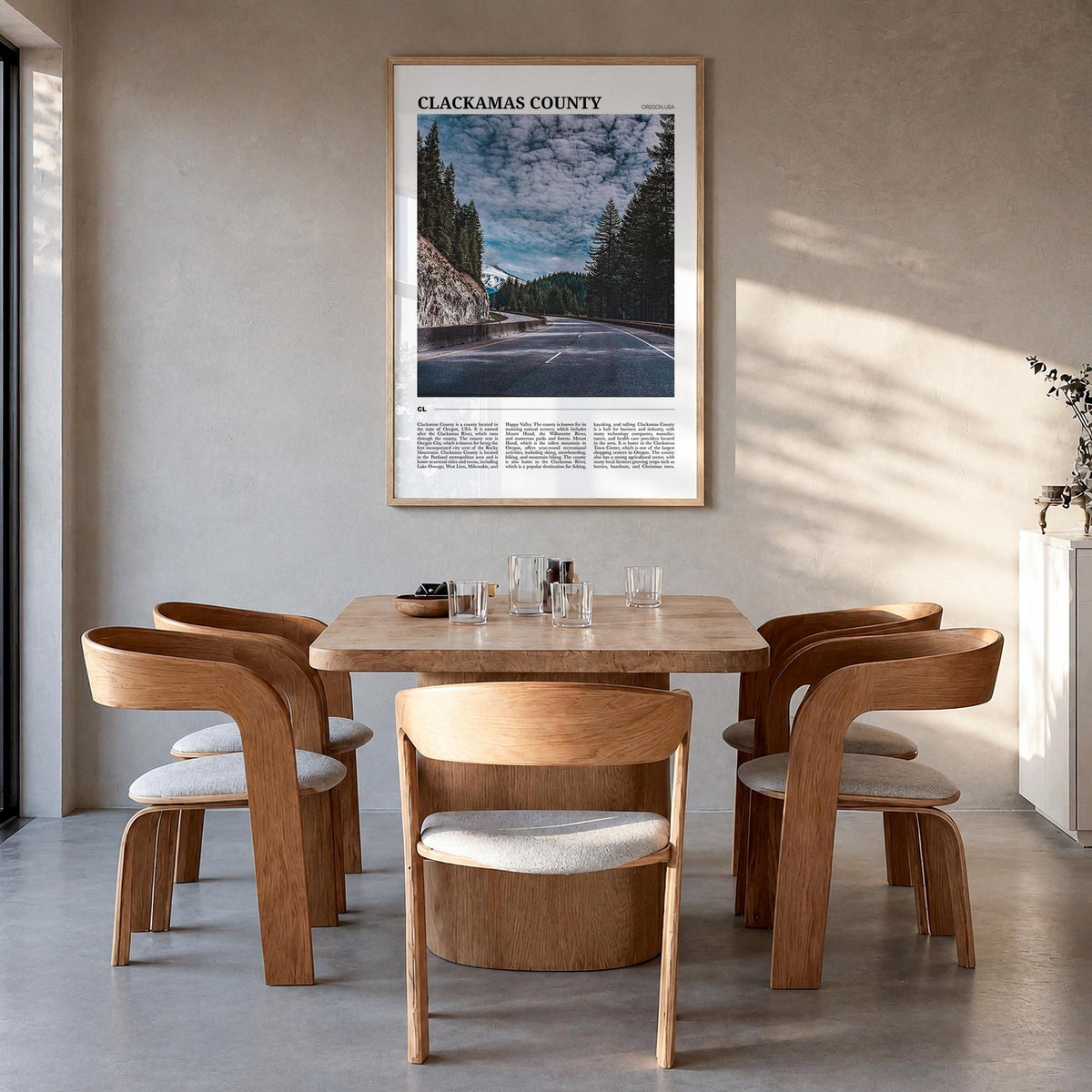 Clackamas County colorful travel poster of Oregon, USA – vertical wall art in natural wood frame, hanging on wall