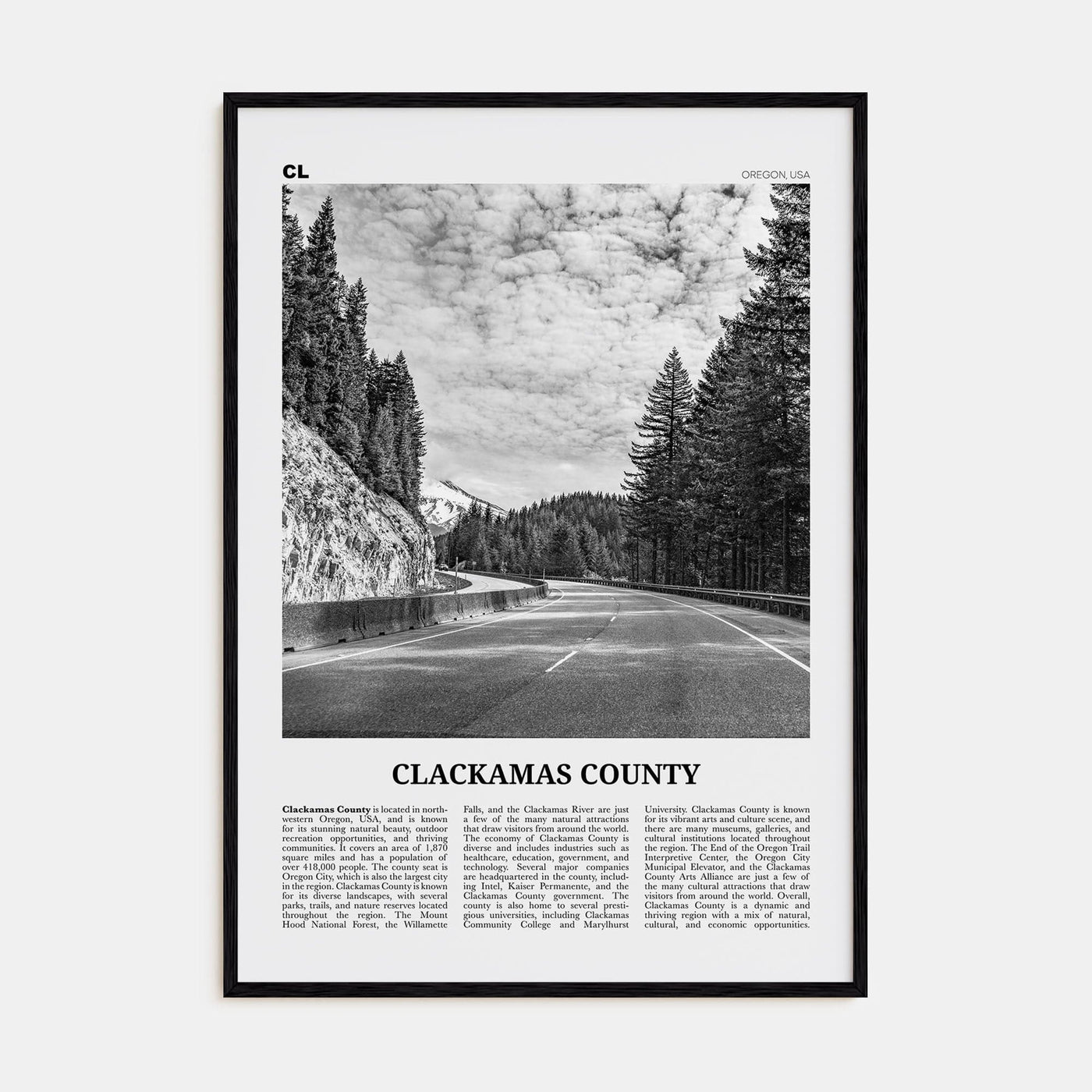 Clackamas County Poster Black Wood / 8x12 in Nbourhood Travel B&W Poster