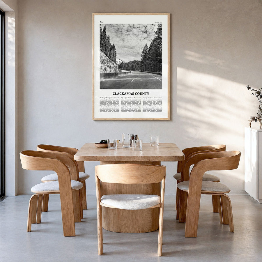 Clackamas County Newspaper Poster in a natural wood frame, hanging in a dining room