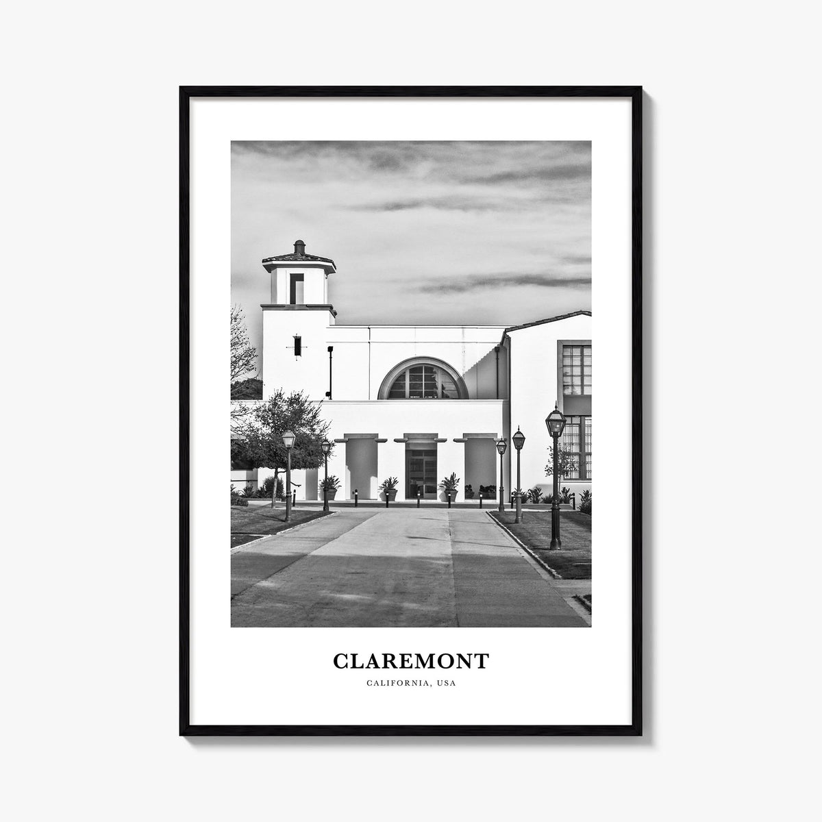 Claremont black & white classic poster of California, USA – vertical wall art, unframed print shown in interior mockup