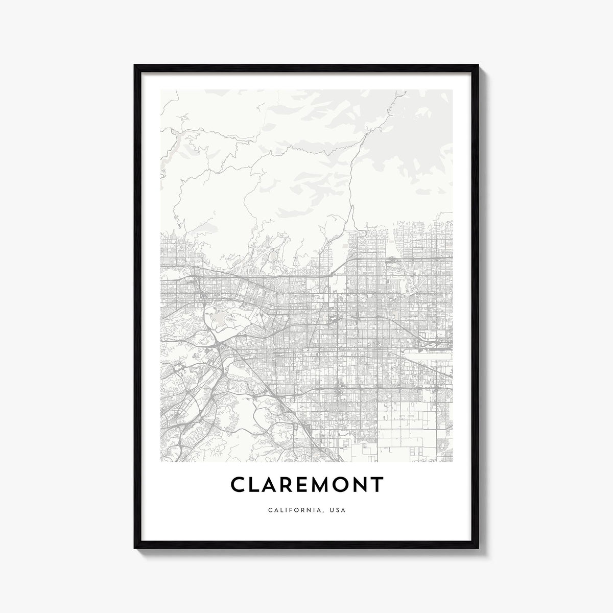 Claremont black & white map poster of California, USA – vertical wall art, unframed print shown in interior mockup