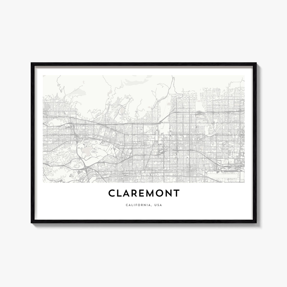 Claremont black & white map poster of California, USA – horizontal wall art, unframed print shown in interior mockup