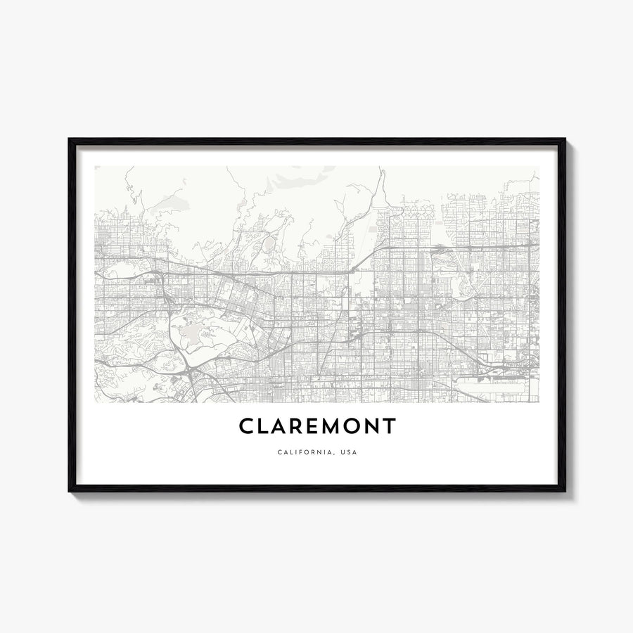 Claremont black & white map poster of California, USA – horizontal wall art, unframed print shown in interior mockup