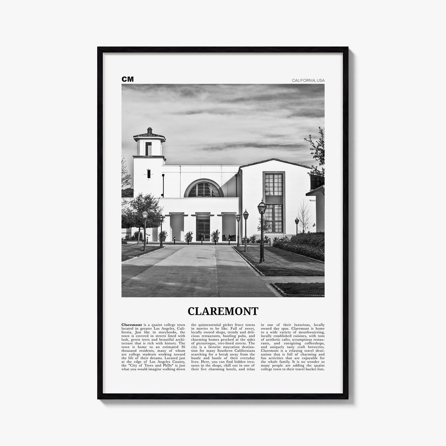 Claremont black & white newspaper poster of California, USA – vertical wall art, unframed print shown in interior mockup