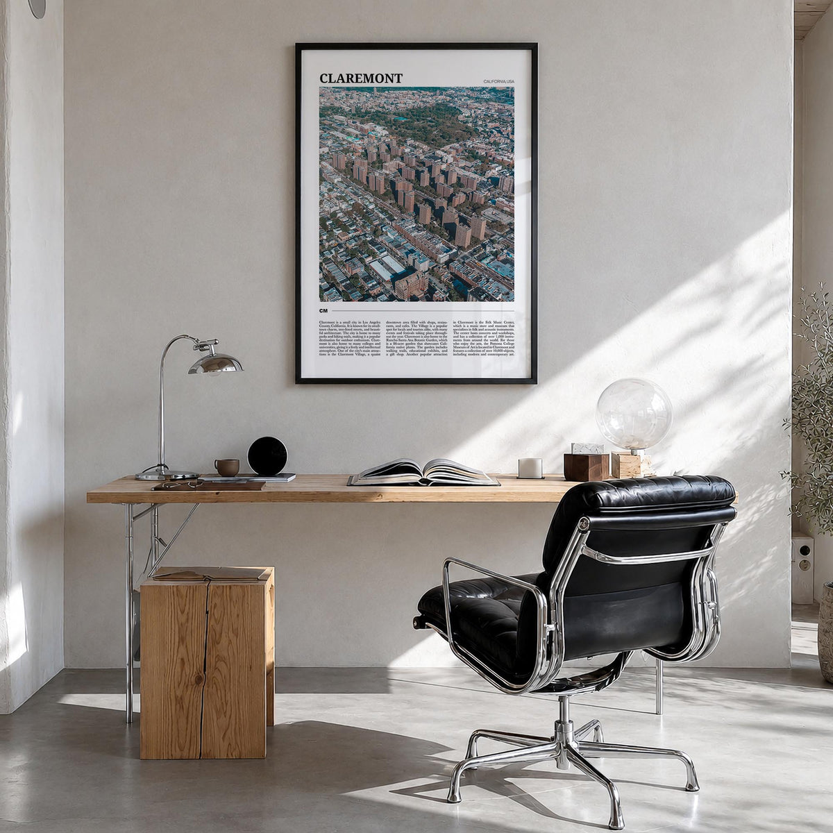 Claremont colorful travel poster of California, USA – vertical wall art in black wood frame, hanging on wall