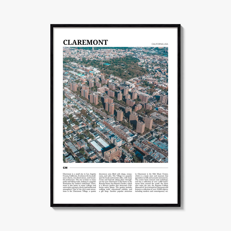 Claremont colorful travel poster of California, USA – vertical wall art, unframed print shown in interior mockup