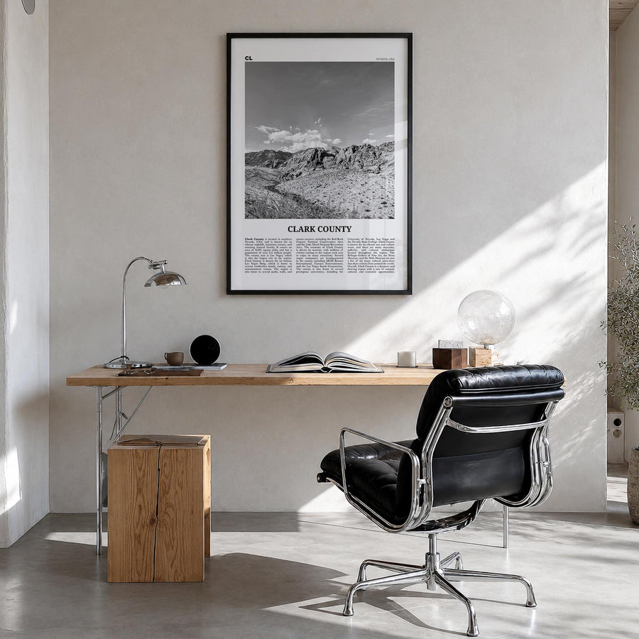 Clark County black & white newspaper poster of Nevada, USA – vertical wall art in black wood frame, hanging on wall