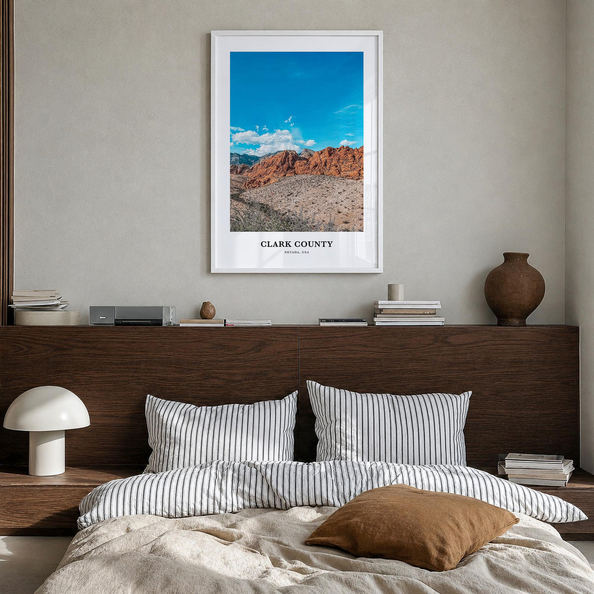 Clark County colorful classic poster of Nevada, USA – vertical wall art in white wood frame, hanging on wall