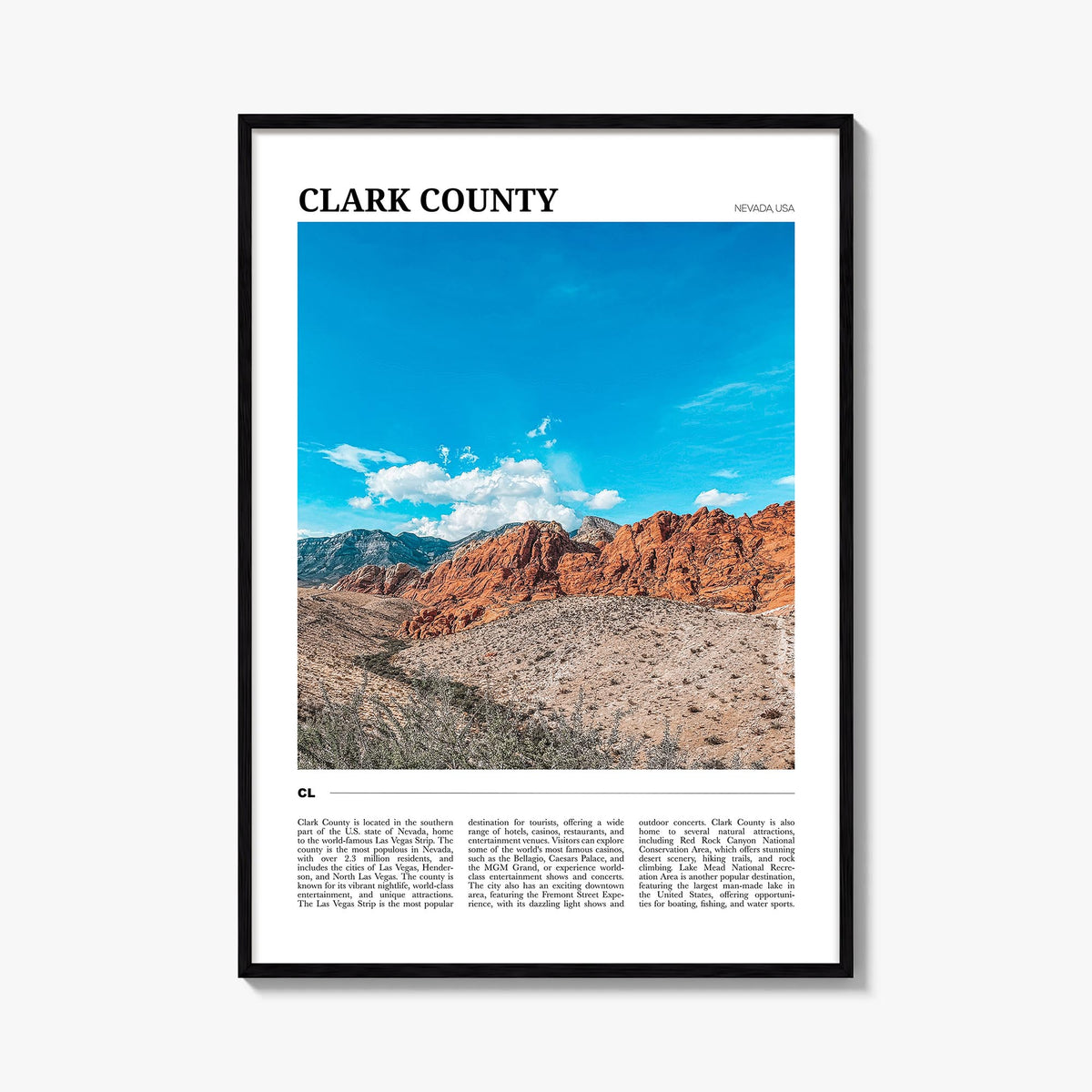 Clark County colorful travel poster of Nevada, USA – vertical wall art, unframed print shown in interior mockup