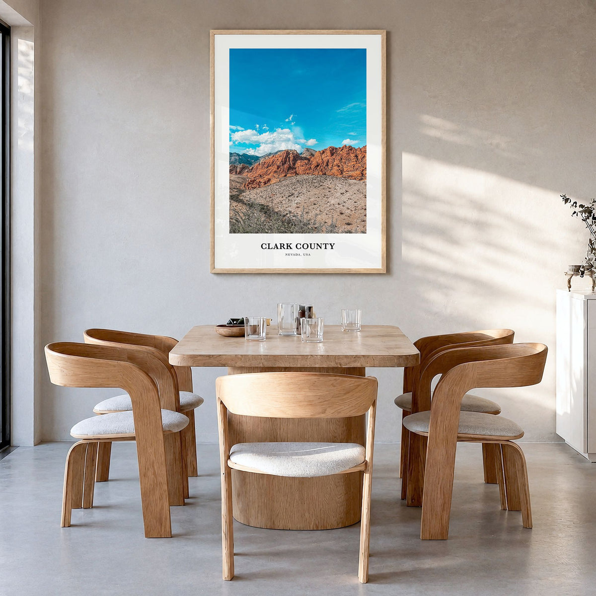 Clark County Classic Poster in a natural wood frame, hanging in a dining room