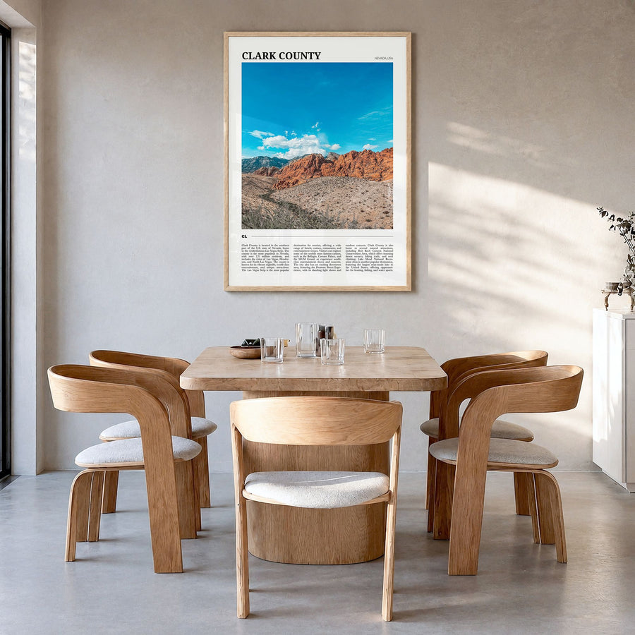 Clark County Travel Poster in a natural wood frame, hanging in a dining room
