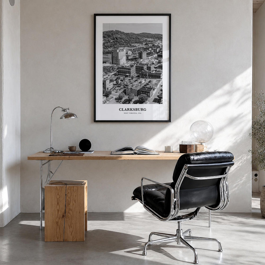 Clarksburg black & white classic poster of West Virginia, USA – vertical wall art in black wood frame, hanging on wall