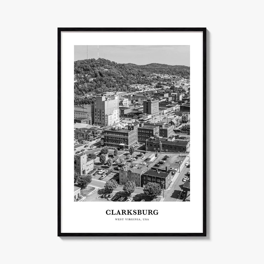 Clarksburg black & white classic poster of West Virginia, USA – vertical wall art, unframed print shown in interior mockup