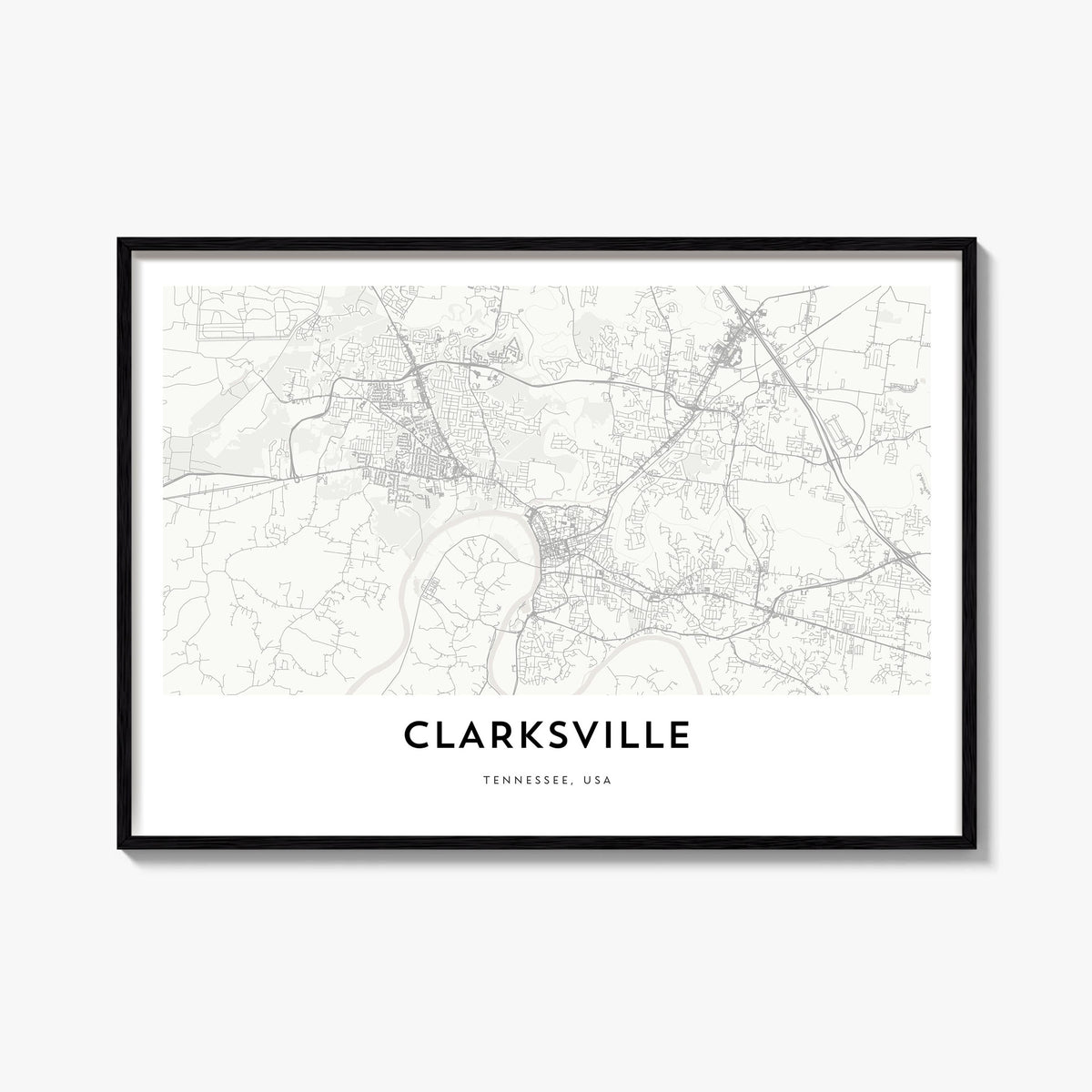 Clarksville black & white map poster of Tennessee, USA – horizontal wall art, unframed print shown in interior mockup