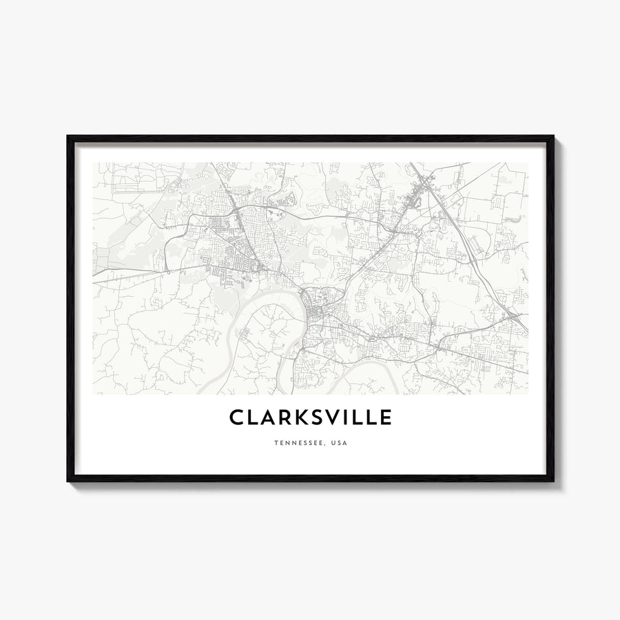 Clarksville black & white map poster of Tennessee, USA – horizontal wall art, unframed print shown in interior mockup