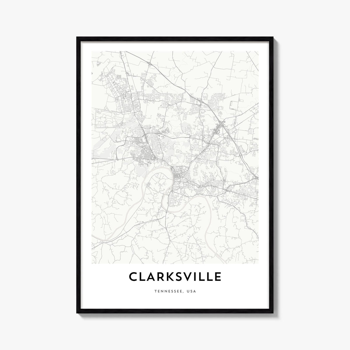 Clarksville black & white map poster of Tennessee, USA – vertical wall art, unframed print shown in interior mockup