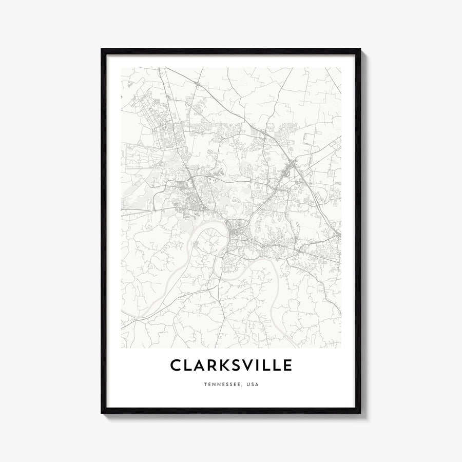 Clarksville black & white map poster of Tennessee, USA – vertical wall art, unframed print shown in interior mockup