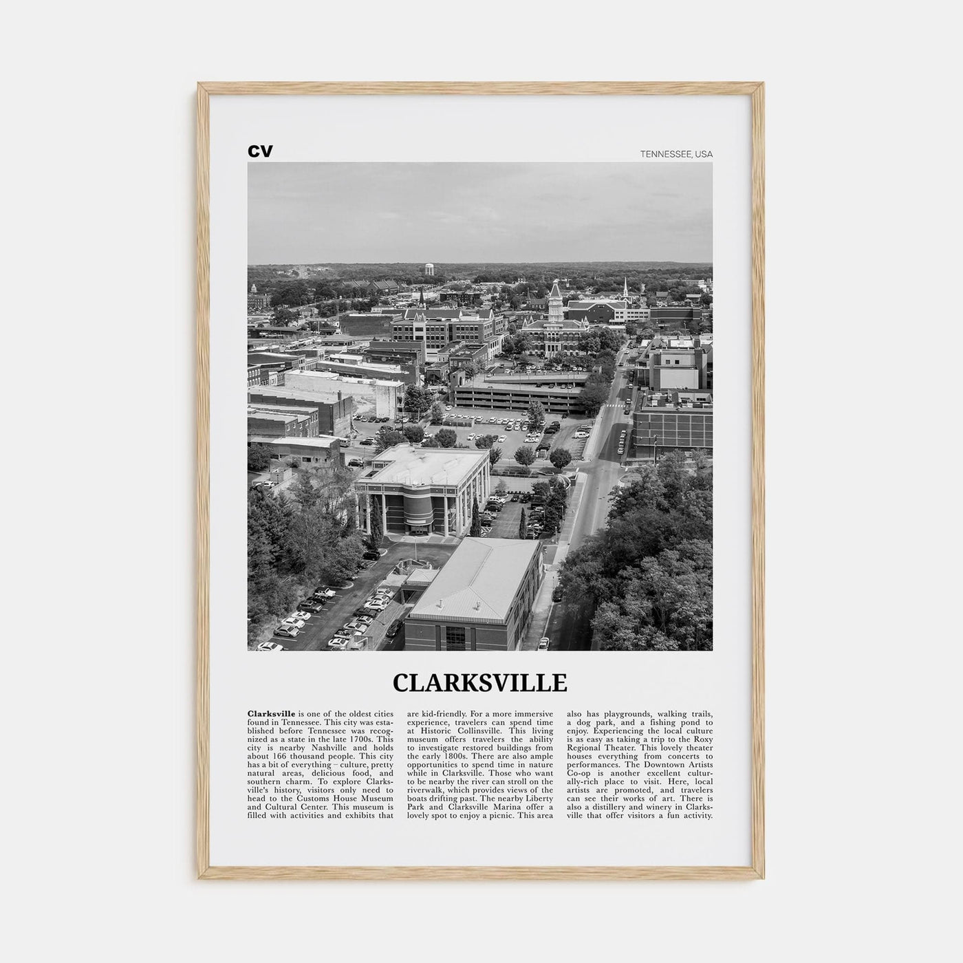 Clarksville Poster Natural Wood / 8x12 in Nbourhood Travel B&W Poster