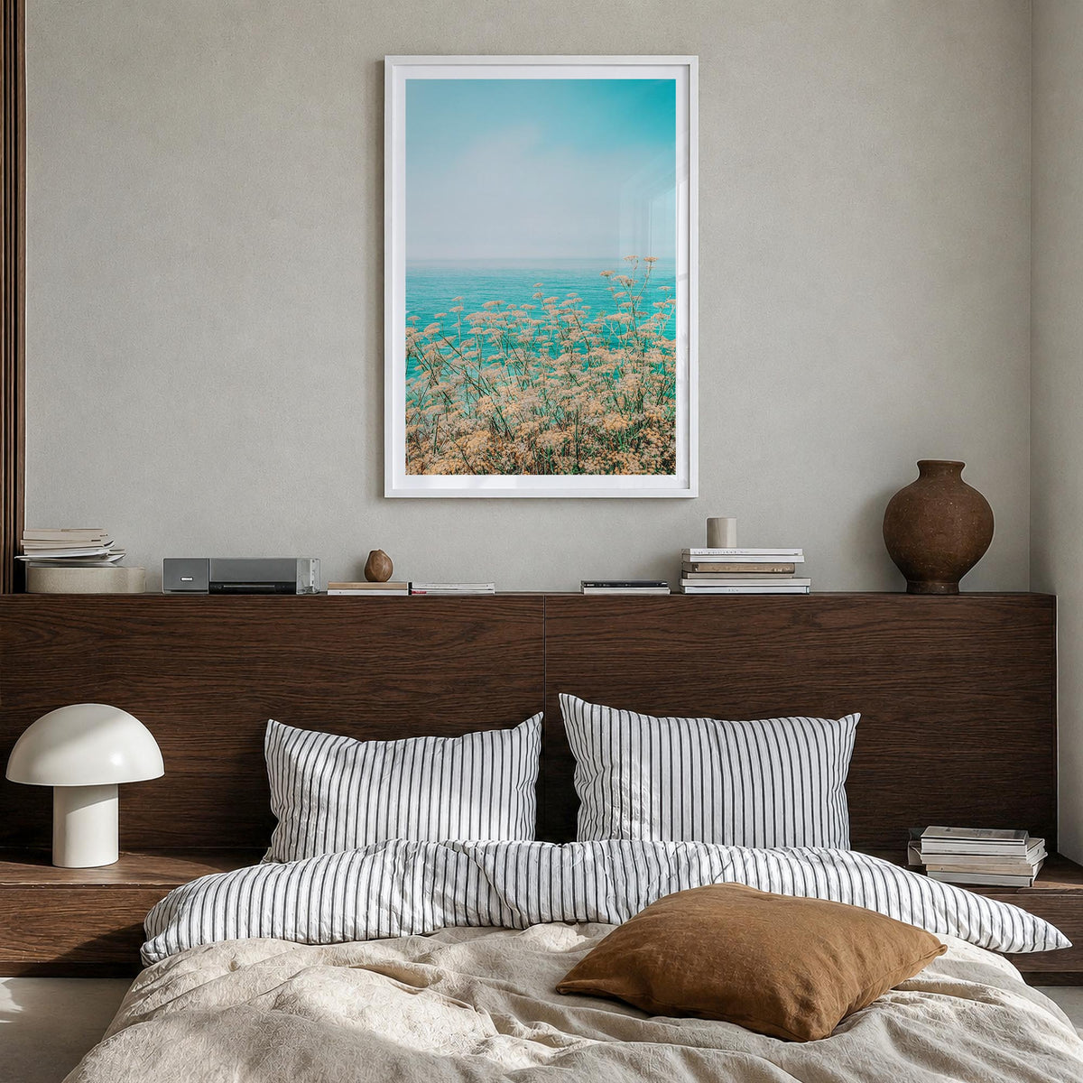 Clear Sky Yellow Flowers colorful photo poster – vertical wall art in white wood frame with white border, hanging on wall