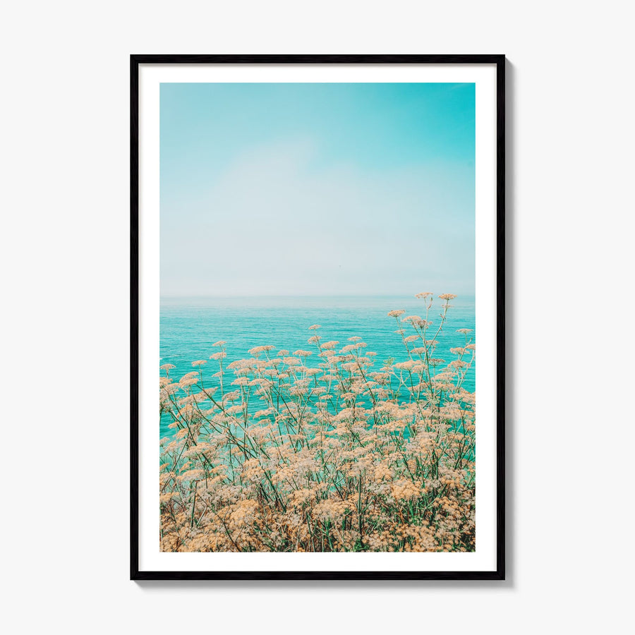Clear Sky Yellow Flowers Photo Poster, framed poster mockup, white border