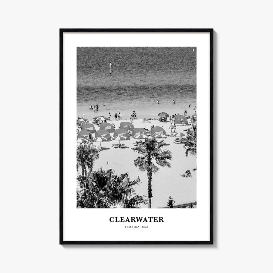 Clearwater black & white classic poster of Florida, USA – vertical wall art, unframed print shown in interior mockup