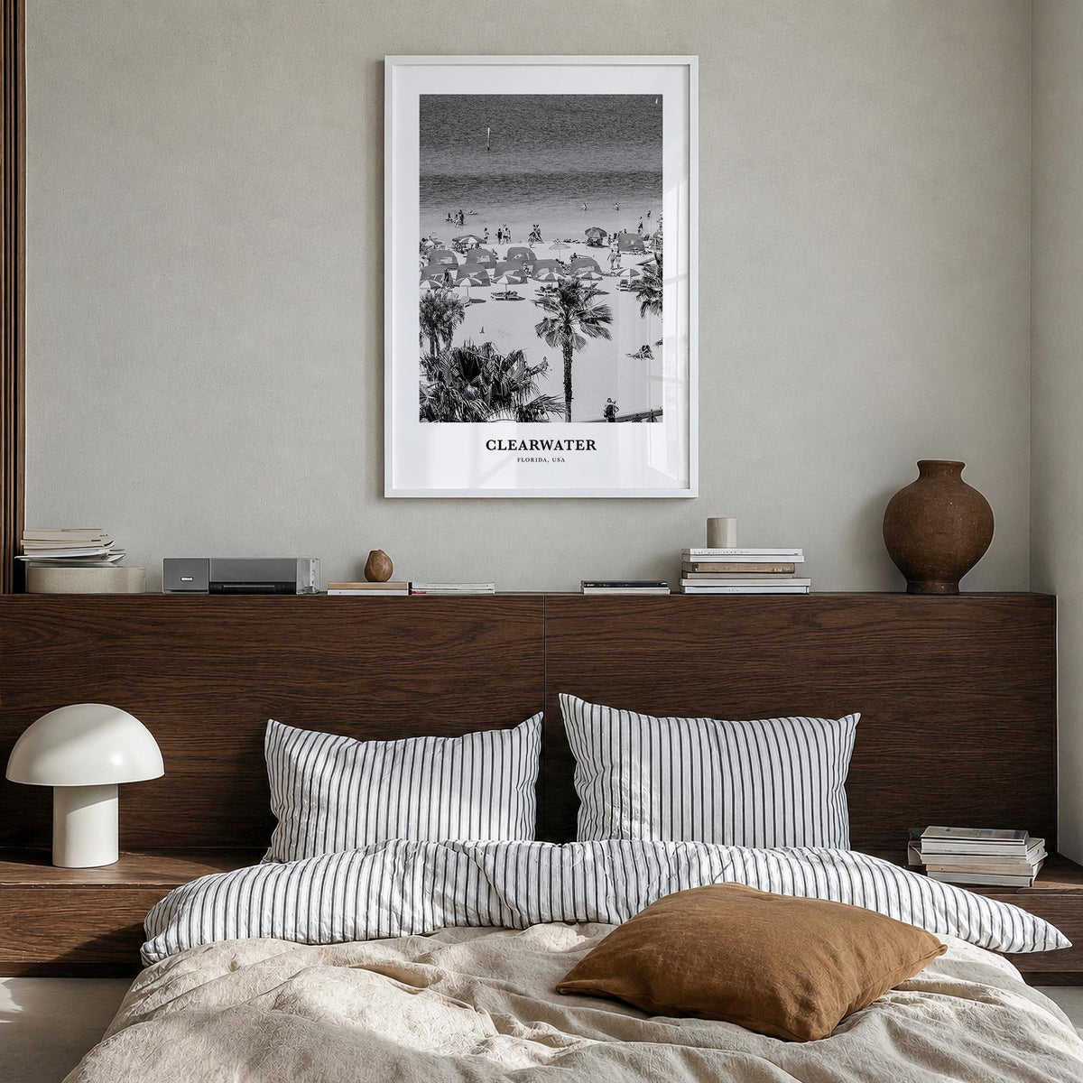 Clearwater black & white classic poster of Florida, USA – vertical wall art in white wood frame, hanging on wall