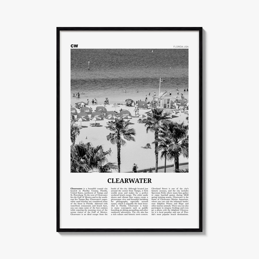 Clearwater black & white newspaper poster of Florida, USA – vertical wall art, unframed print shown in interior mockup