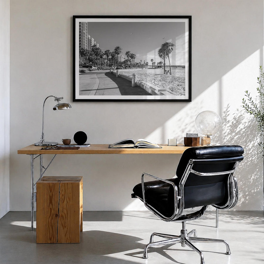 Clearwater black & white photo poster of Florida, USA – horizontal wall art in black wood frame with white border, hanging on
